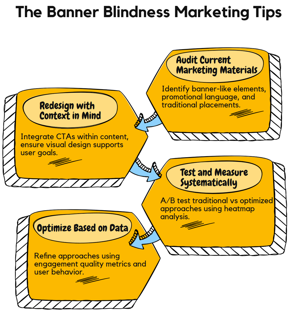 Banner Blindness implementation process showing four-step cycle: audit current marketing materials, redesign with context in mind, test and measure systematically, and optimize based on data.